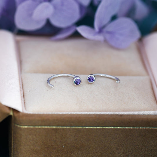 2mm Amethyst Purple CZ Huggie Hoop Earrings in Sterling Silver, Silver or Gold, Half Hoop, Open Hoop, Pull Through, February Birthstone