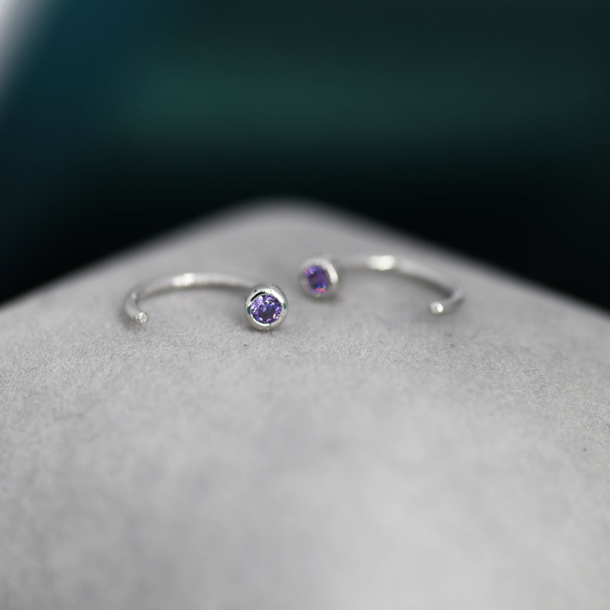 2mm Amethyst Purple CZ Huggie Hoop Earrings in Sterling Silver, Silver or Gold, Half Hoop, Open Hoop, Pull Through, February Birthstone