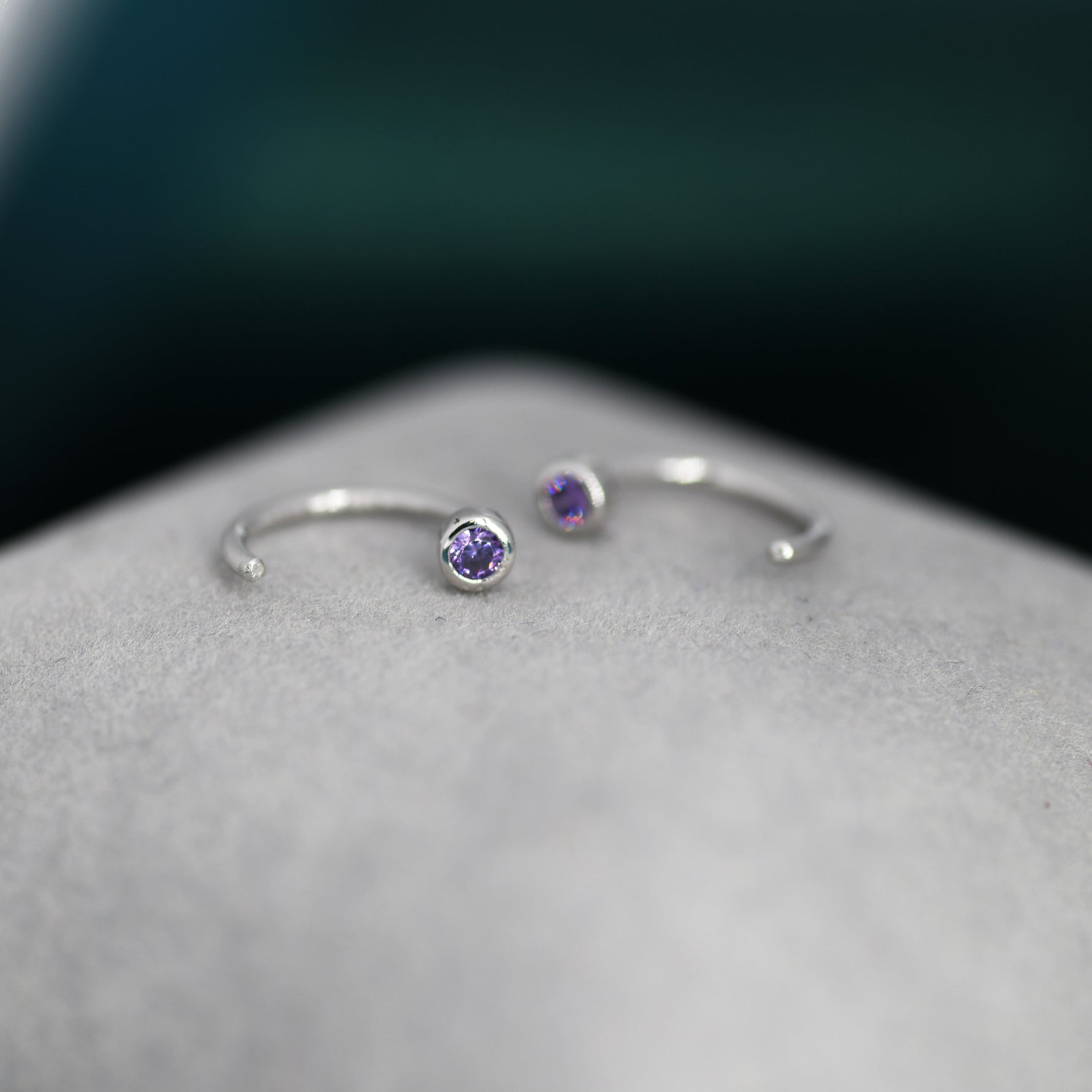 2mm Amethyst Purple CZ Huggie Hoop Earrings in Sterling Silver, Silver or Gold, Half Hoop, Open Hoop, Pull Through, February Birthstone