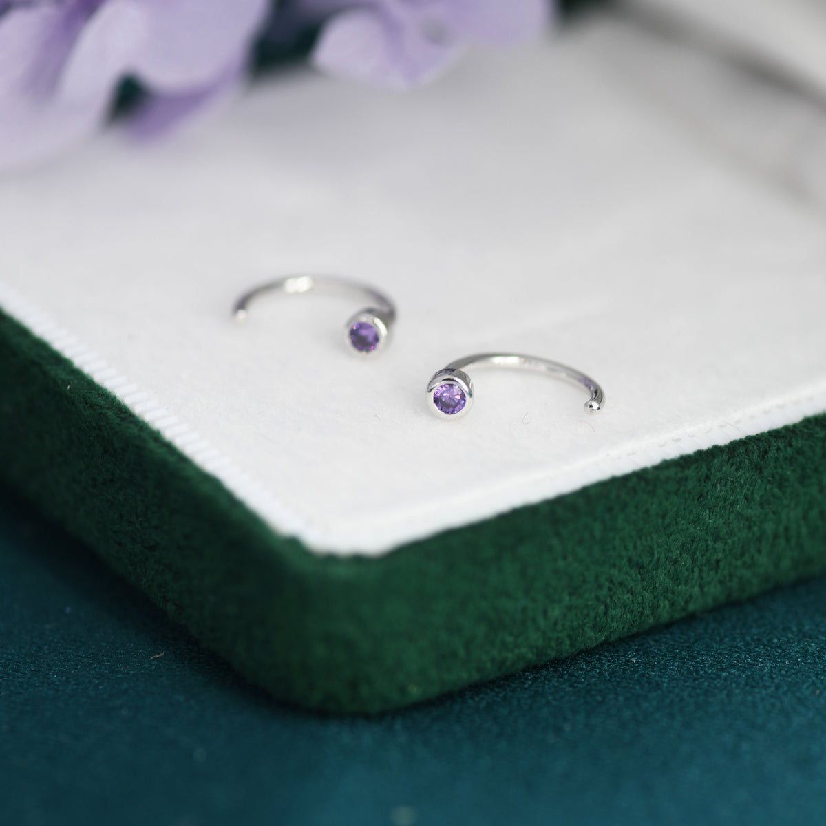 2mm Amethyst Purple CZ Huggie Hoop Earrings in Sterling Silver, Silver or Gold, Half Hoop, Open Hoop, Pull Through, February Birthstone