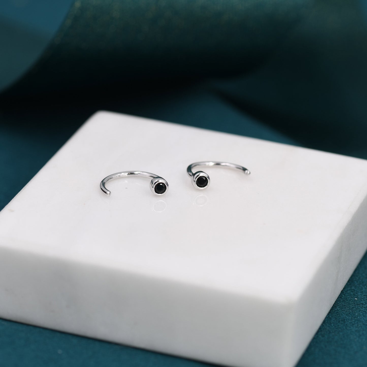 2mm Black Diamond CZ Huggie Hoop Earrings in Sterling Silver, Silver or Gold, Half Hoop, Open Hoop, Pull Through