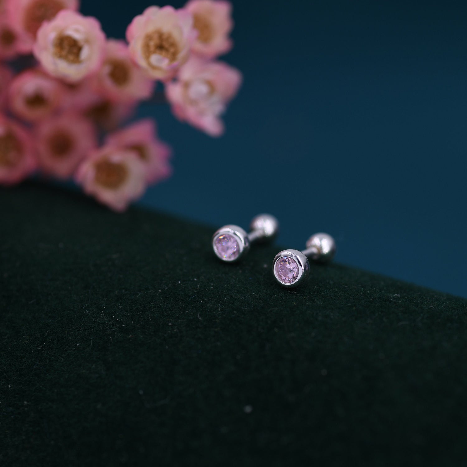 Tiny Pink CZ Barbell Earrings in Sterling Silver, 3mm or 4mm CZ Screw Back Dot Earrings, Screwback Earrings, October Birthstone