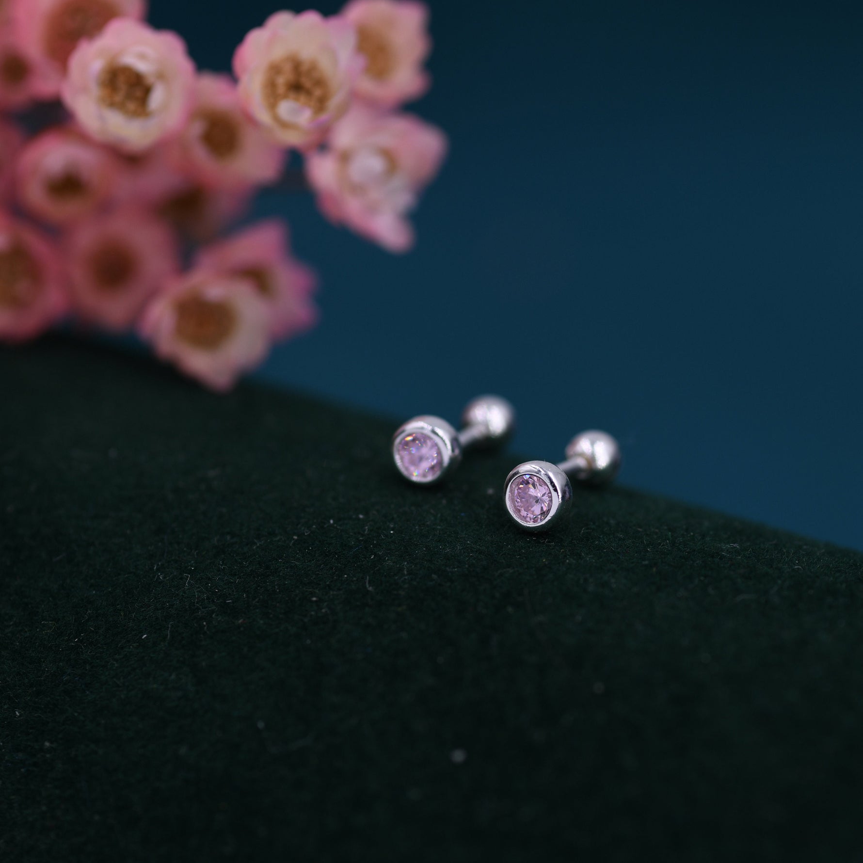 Tiny Pink CZ Barbell Earrings in Sterling Silver, 3mm or 4mm CZ Screw Back Dot Earrings, Screwback Earrings, October Birthstone