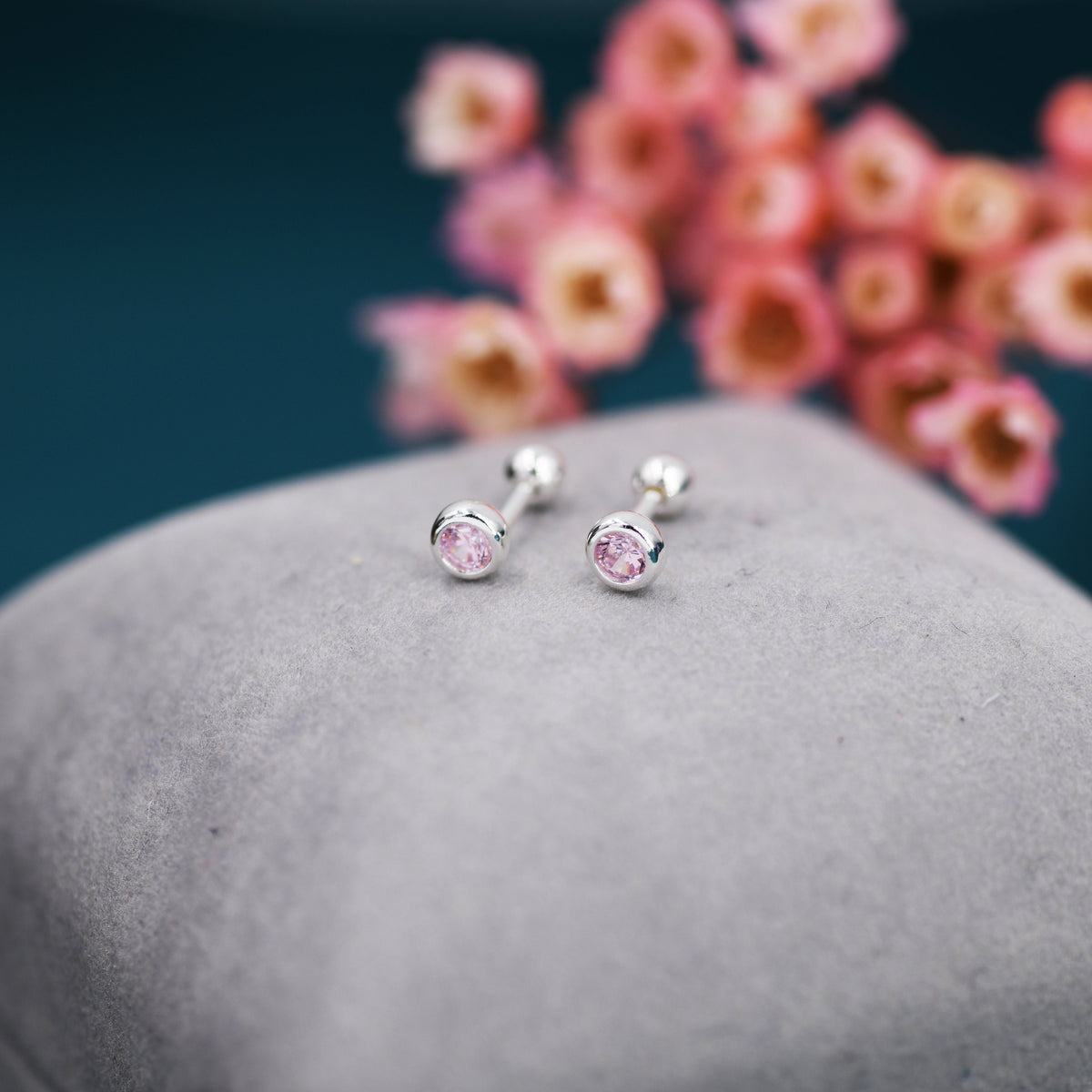 Tiny Pink CZ Barbell Earrings in Sterling Silver, 3mm or 4mm CZ Screw Back Dot Earrings, Screwback Earrings, October Birthstone
