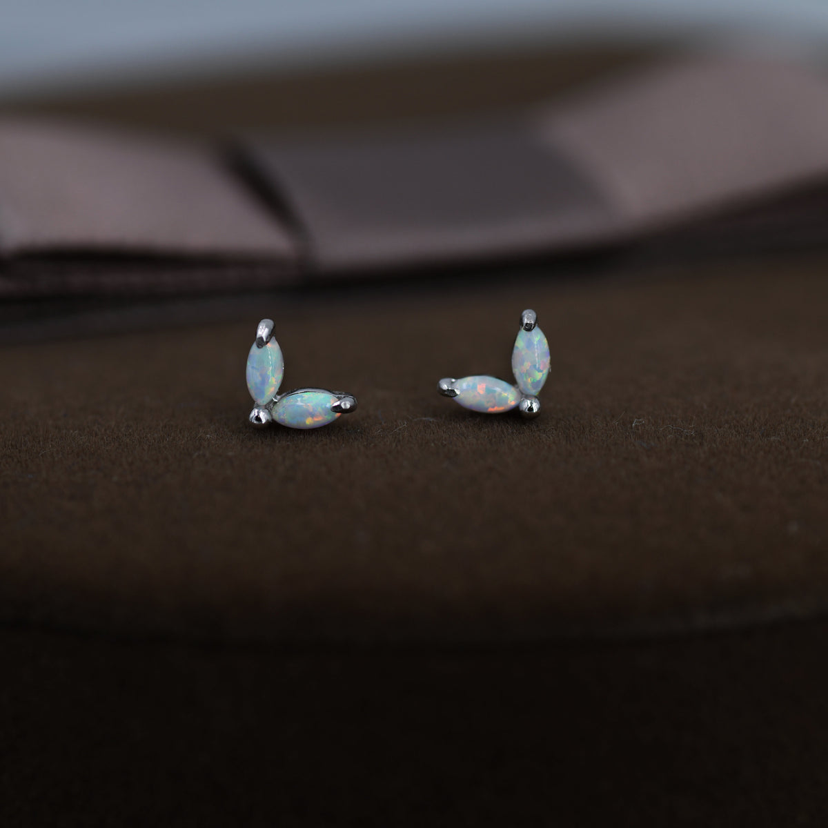 Sterling Silver White Opal Marquise Leaf Internally Threaded Flat Back/Screw Back/ Stud Earrings, Marquise Fan Stud, Opal Crown Stud