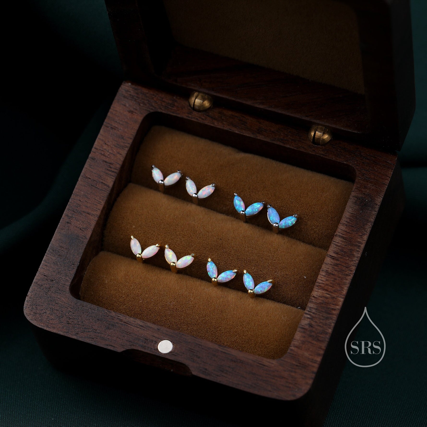 Sterling Silver Blue Opal Marquise Leaf Internally Threaded Flat Back/Screw Back/ Stud Earrings, Marquise Fan Stud, Opal Crown Stud