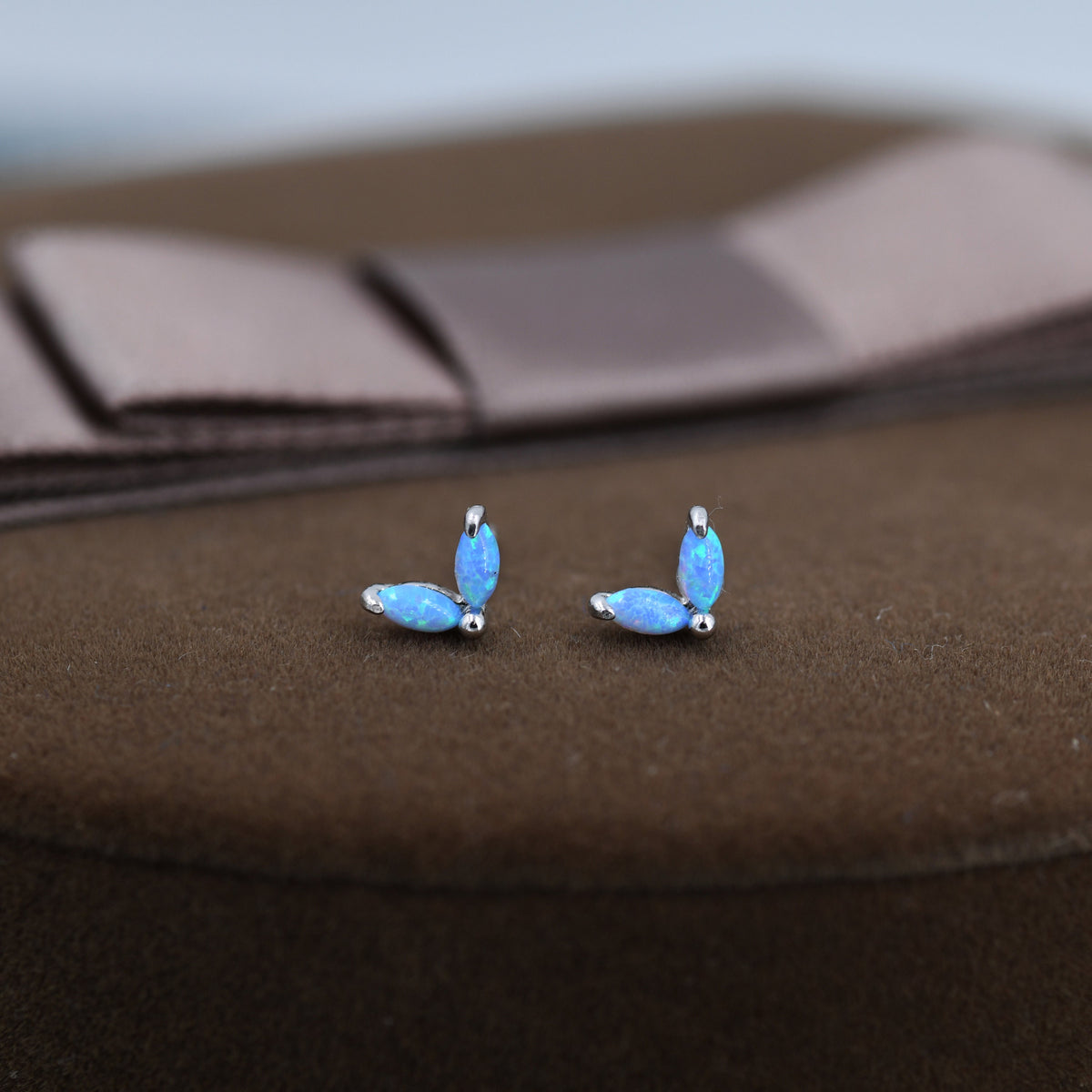 Sterling Silver Blue Opal Marquise Leaf 16G Internally Threaded Flat Back Earrings