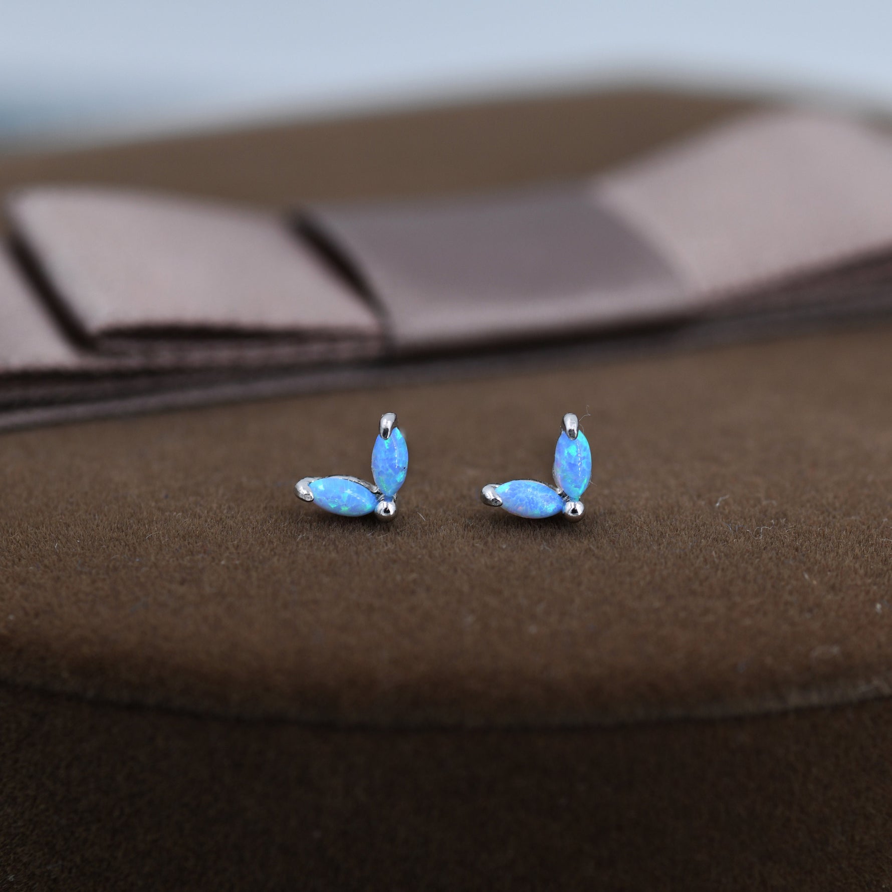 Sterling Silver Blue Opal Marquise Leaf 16G Internally Threaded Flat Back Earrings