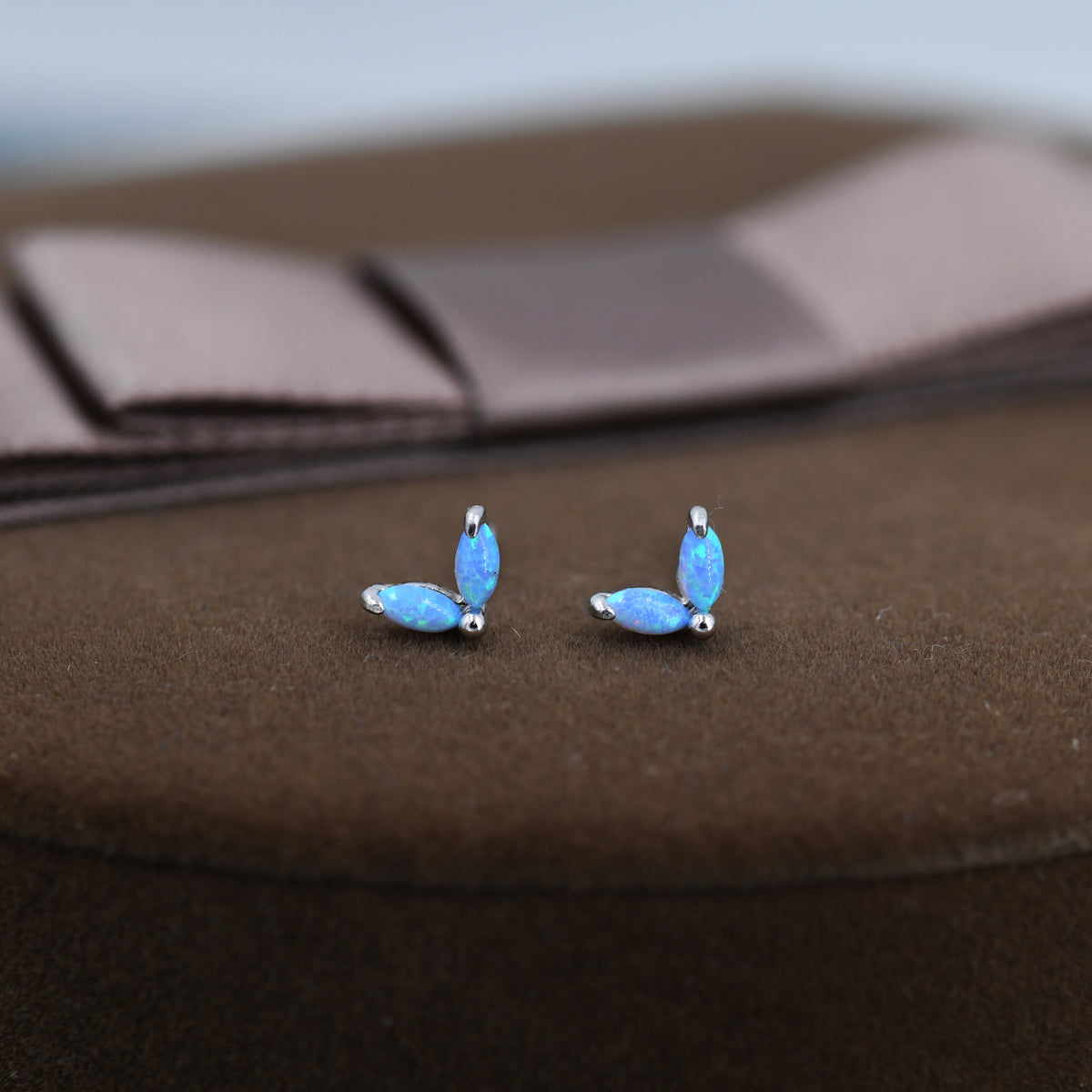Sterling Silver Blue Opal Marquise Cluster 16G Internally Threaded Flat Back Earrings