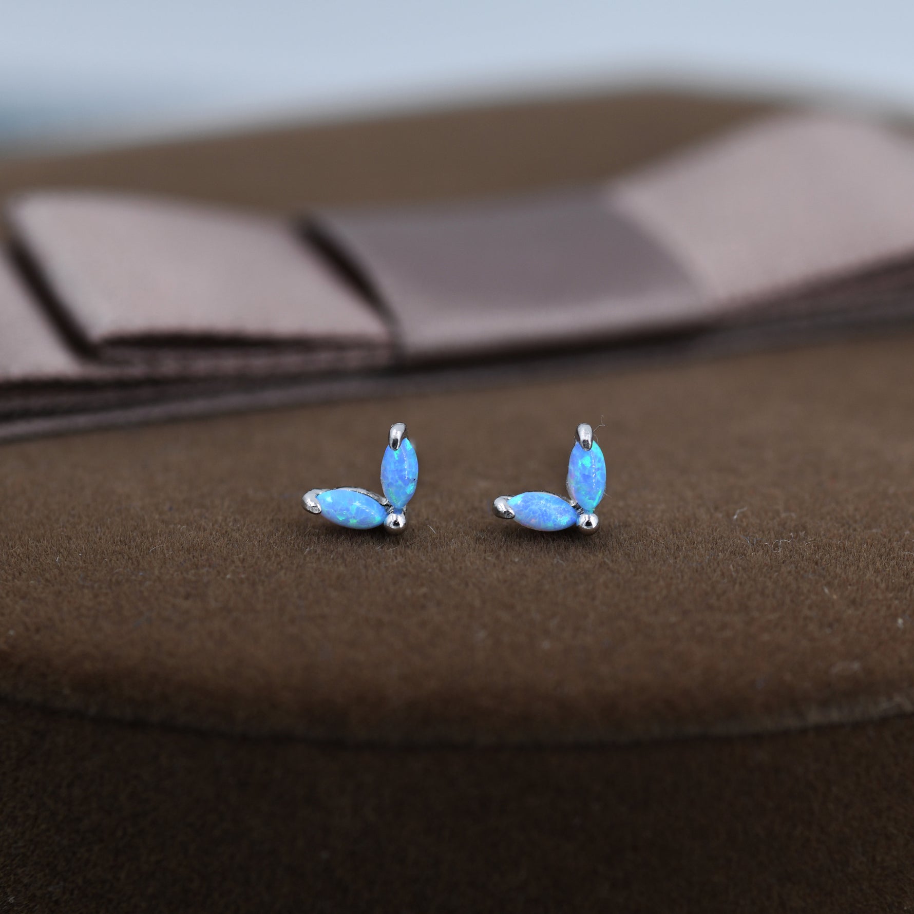 Sterling Silver Blue Opal Marquise Leaf Internally Threaded Flat Back/Screw Back/ Stud Earrings, Marquise Fan Stud, Opal Crown Stud