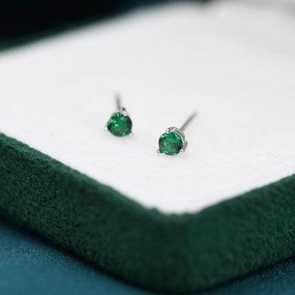 Emerald Green CZ Crystal Stud Earrings in Sterling Silver, 3mm Three Prong, Gold or Silver, Tiny Stud