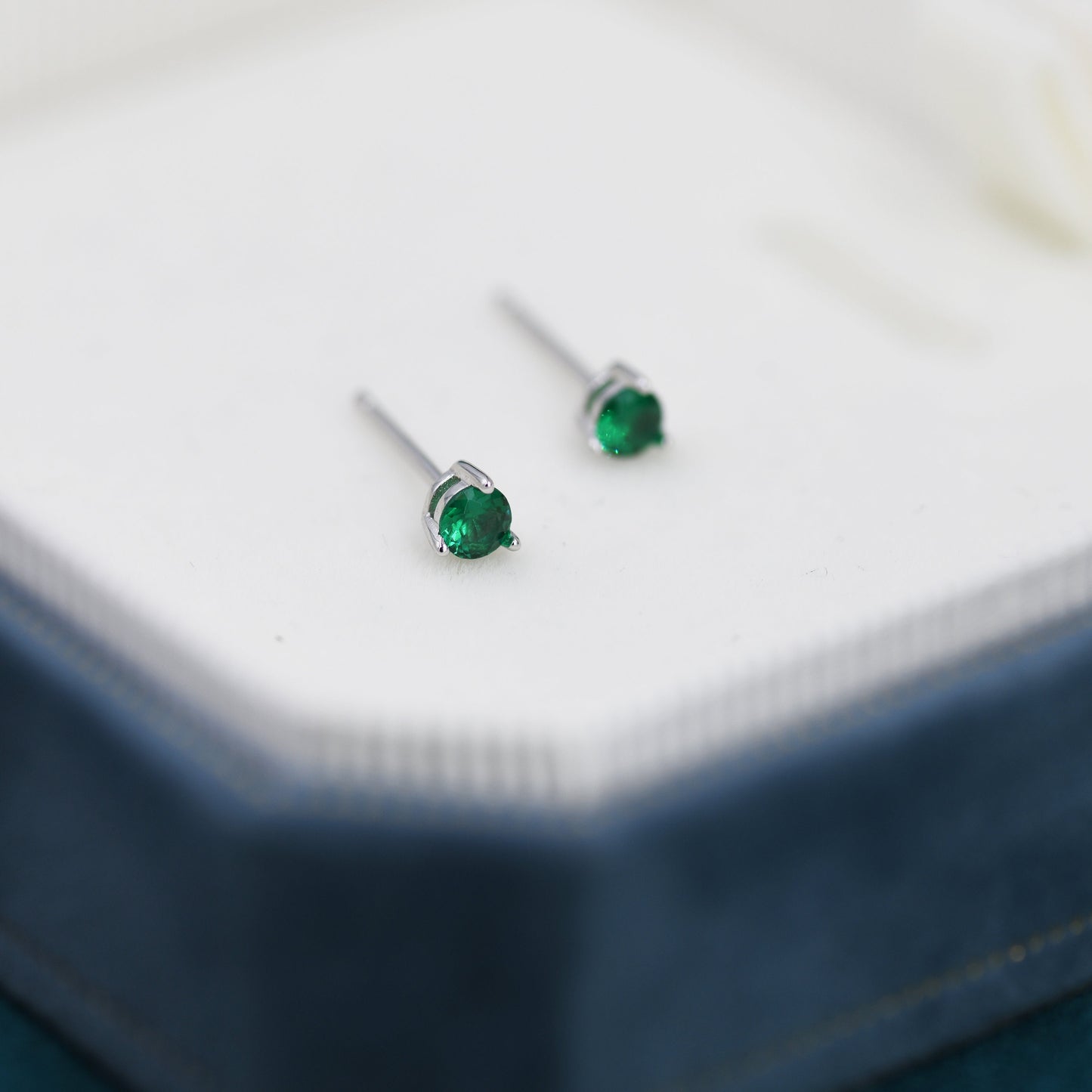 Emerald Green CZ Crystal Stud Earrings in Sterling Silver, 3mm Three Prong, Gold or Silver, Tiny Stud