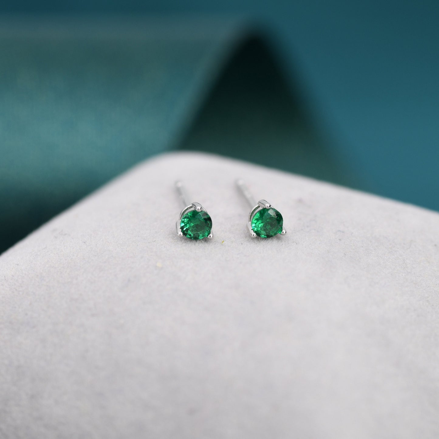 Emerald Green CZ Crystal Stud Earrings in Sterling Silver, 3mm Three Prong, Gold or Silver, Tiny Stud