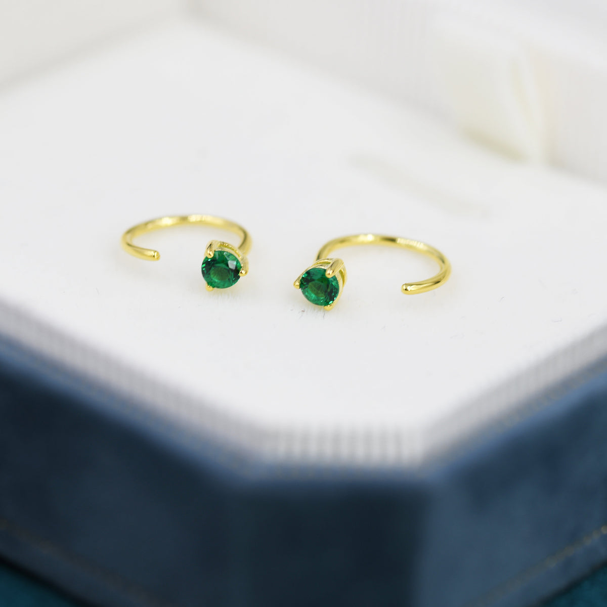 Emerald Green Crystal Huggie Hoop Threader Earrings in Sterling Silver, 3mm Three Prong, Gold or Silver, Pull Through Open Hoops