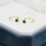 Emerald Green Crystal Huggie Hoop Threader Earrings in Sterling Silver, 3mm Three Prong, Gold or Silver, Pull Through Open Hoops
