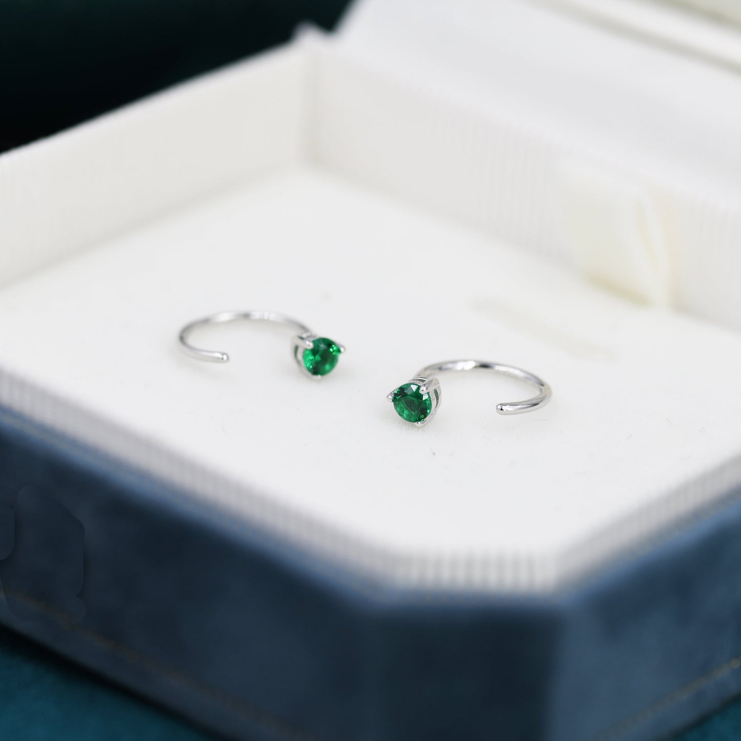 Emerald Green CZ Crystal Huggie Hoop Threader Earrings in Sterling Silver, 3mm Three Prong, Gold or Silver, Pull Through Open Hoops