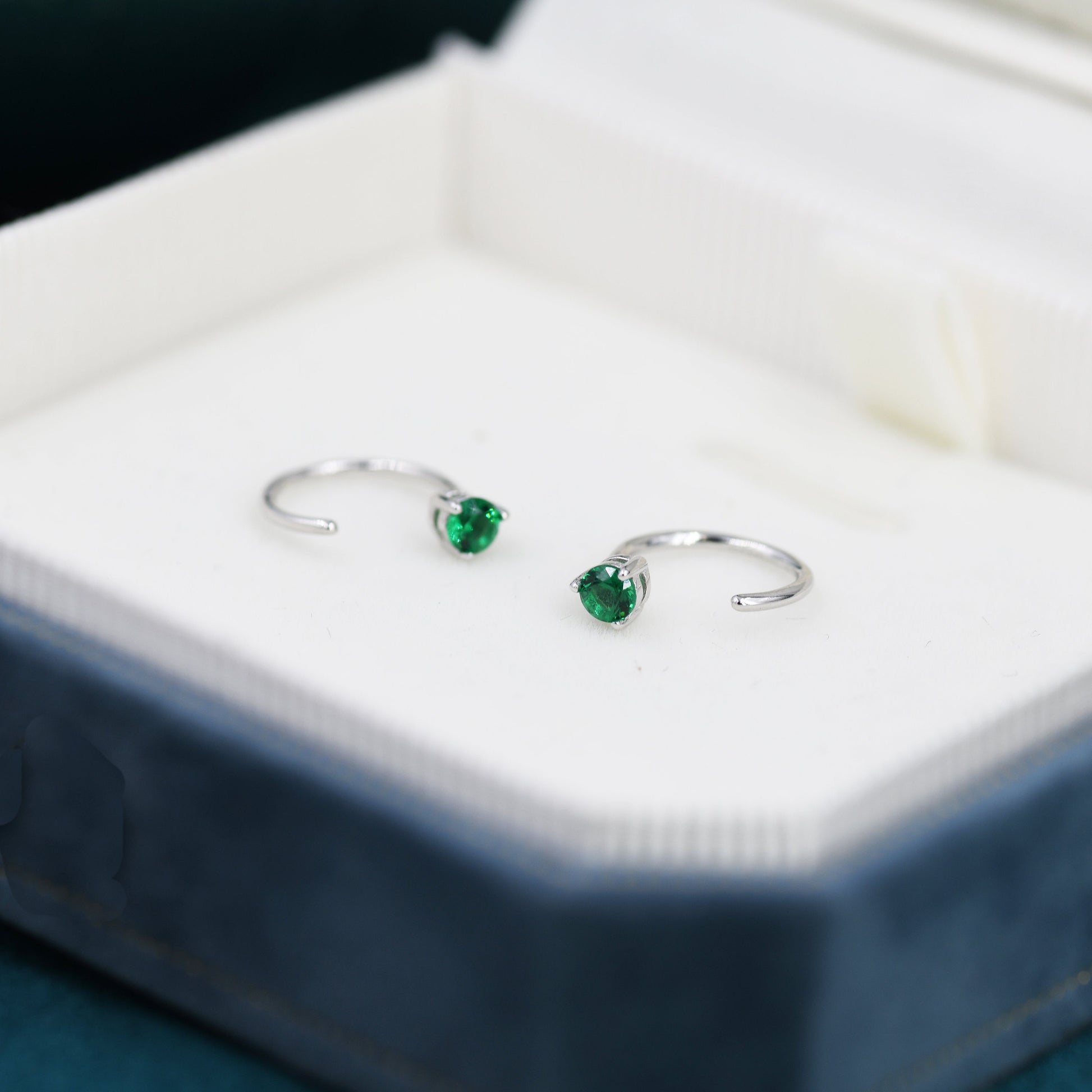 Emerald Green CZ Crystal Huggie Hoop Threader Earrings in Sterling Silver, 3mm Three Prong, Gold or Silver, Pull Through Open Hoops