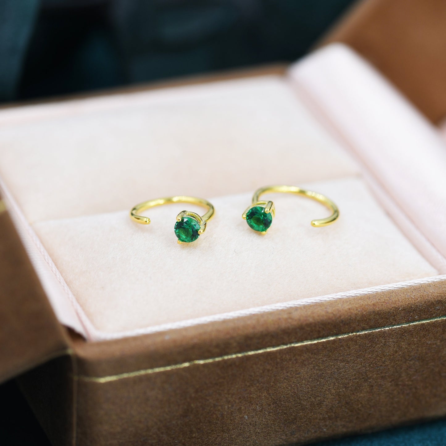 Emerald Green CZ Crystal Huggie Hoop Threader Earrings in Sterling Silver, 3mm Three Prong, Gold or Silver, Pull Through Open Hoops