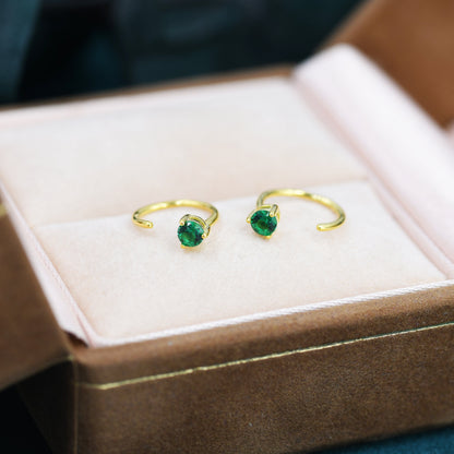 Emerald Green CZ Crystal Huggie Hoop Threader Earrings in Sterling Silver, 3mm Three Prong, Gold or Silver, Pull Through Open Hoops