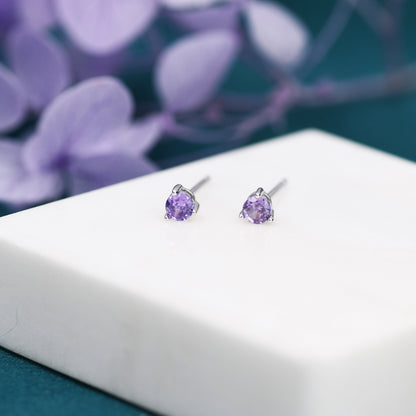 Amethyst Purple Crystal Stud Earrings in Sterling Silver, 3mm Three Prong, Gold or Silver, Tiny Stud