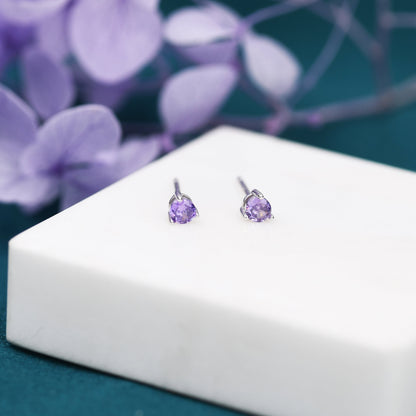 Amethyst Purple Crystal Stud Earrings in Sterling Silver, 3mm Three Prong, Gold or Silver, Tiny Stud