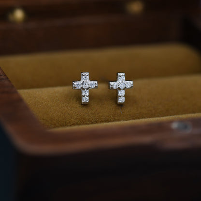 Very Tiny Cross Stud Earrings in Sterling Silver with CZ crystals, Crystal Pave Cross Earrings, Tiny Cross Stud