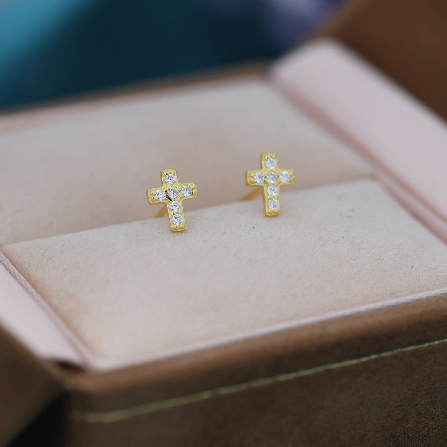 Very Tiny Cross Stud Earrings in Sterling Silver with CZ crystals, Crystal Pave Cross Earrings, Tiny Cross Stud