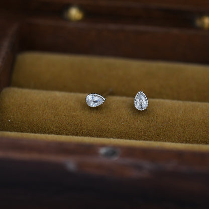 Tiny Droplet CZ Stud Earrings in Sterling Silver, Pear Cut CZ Stud  Extra Tiny, Stacking Earrings