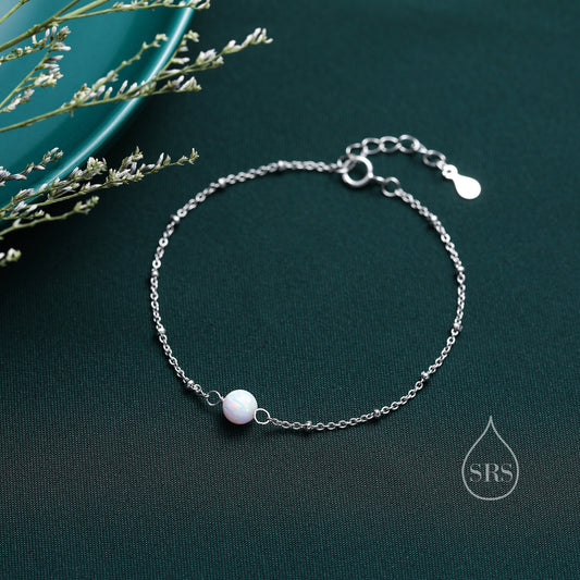 White Opal Bead Bracelet in Sterling Silver, Blue Opal Bracelet , Single Opal Bracelet, Genuine Opal Crystal, Lab Opal Bracelet