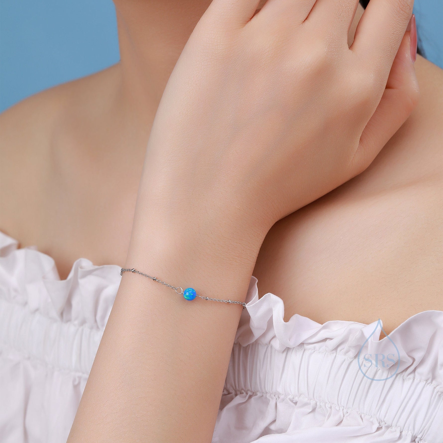 Blue Opal Bead Bracelet in Sterling Silver, Blue Opal Bracelet , Single Opal Bracelet, Genuine Opal Crystal, Lab Opal Bracelet