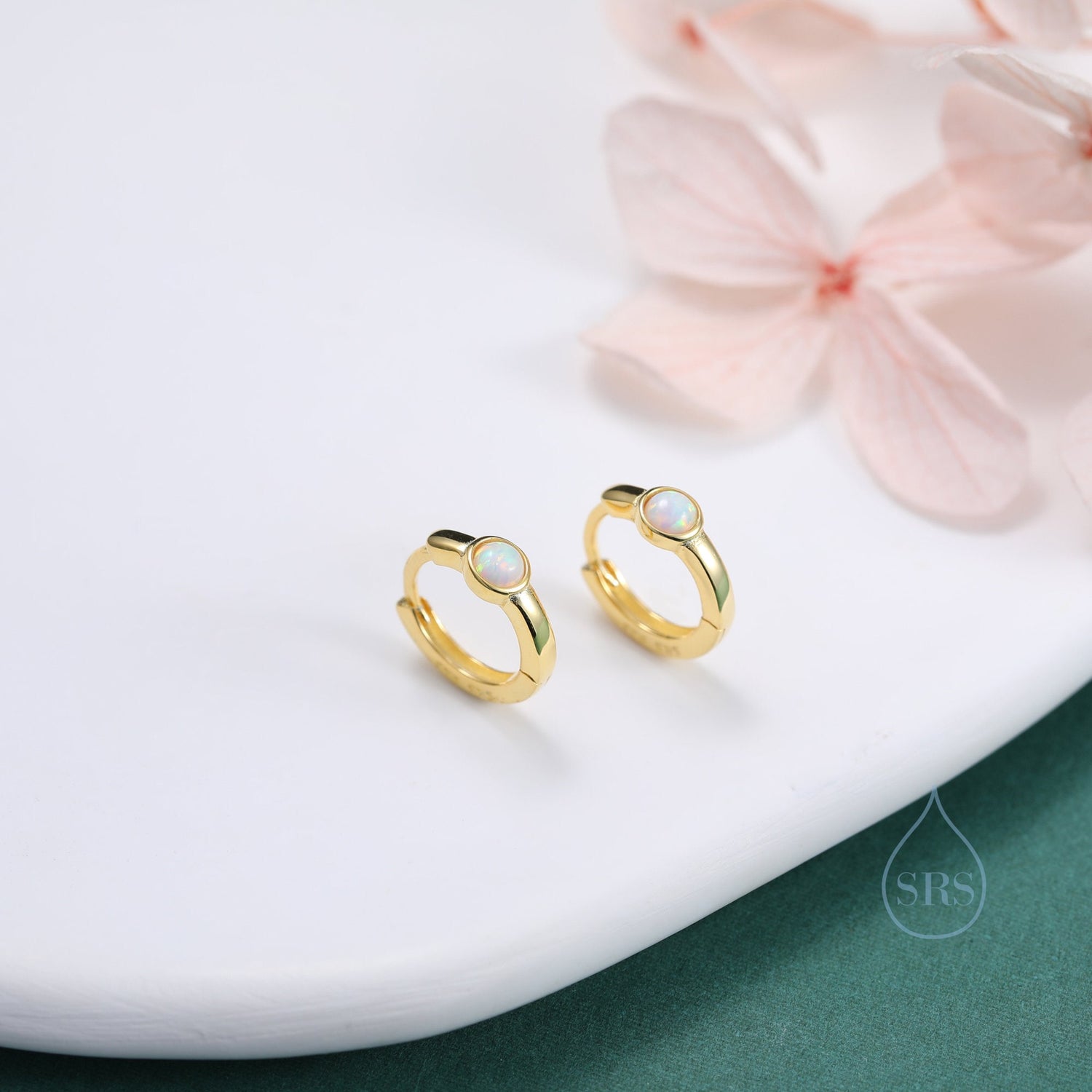 White Opal Dot Huggie Hoop Earrings in Sterling Silver, Tiny Opal Hoops, Opal Hoops, Fire Opal Hoops