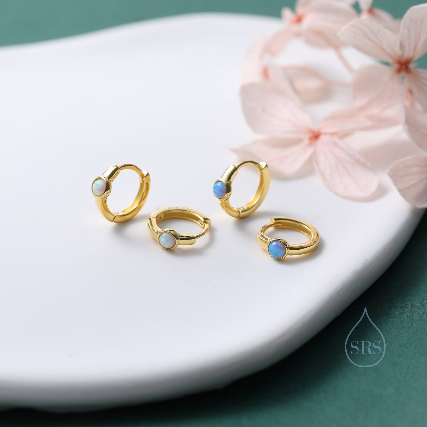 Blue Opal Dagger Huggie Hoop Earrings in Sterling Silver, Tiny Opal Hoops, Opal Hoops