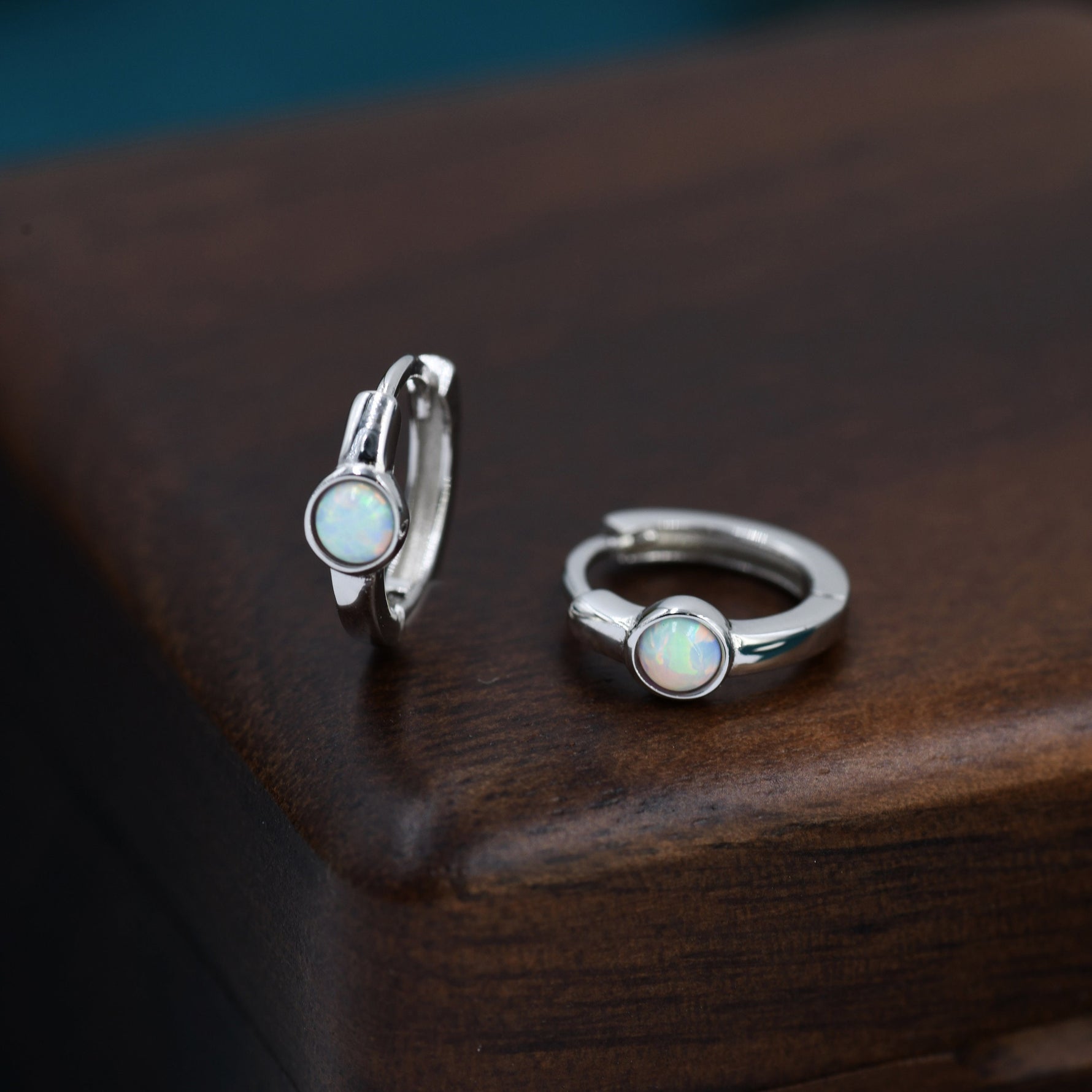 White Opal Dot Huggie Hoop Earrings in Sterling Silver, Tiny Opal Hoops, Opal Hoops, Fire Opal Hoops