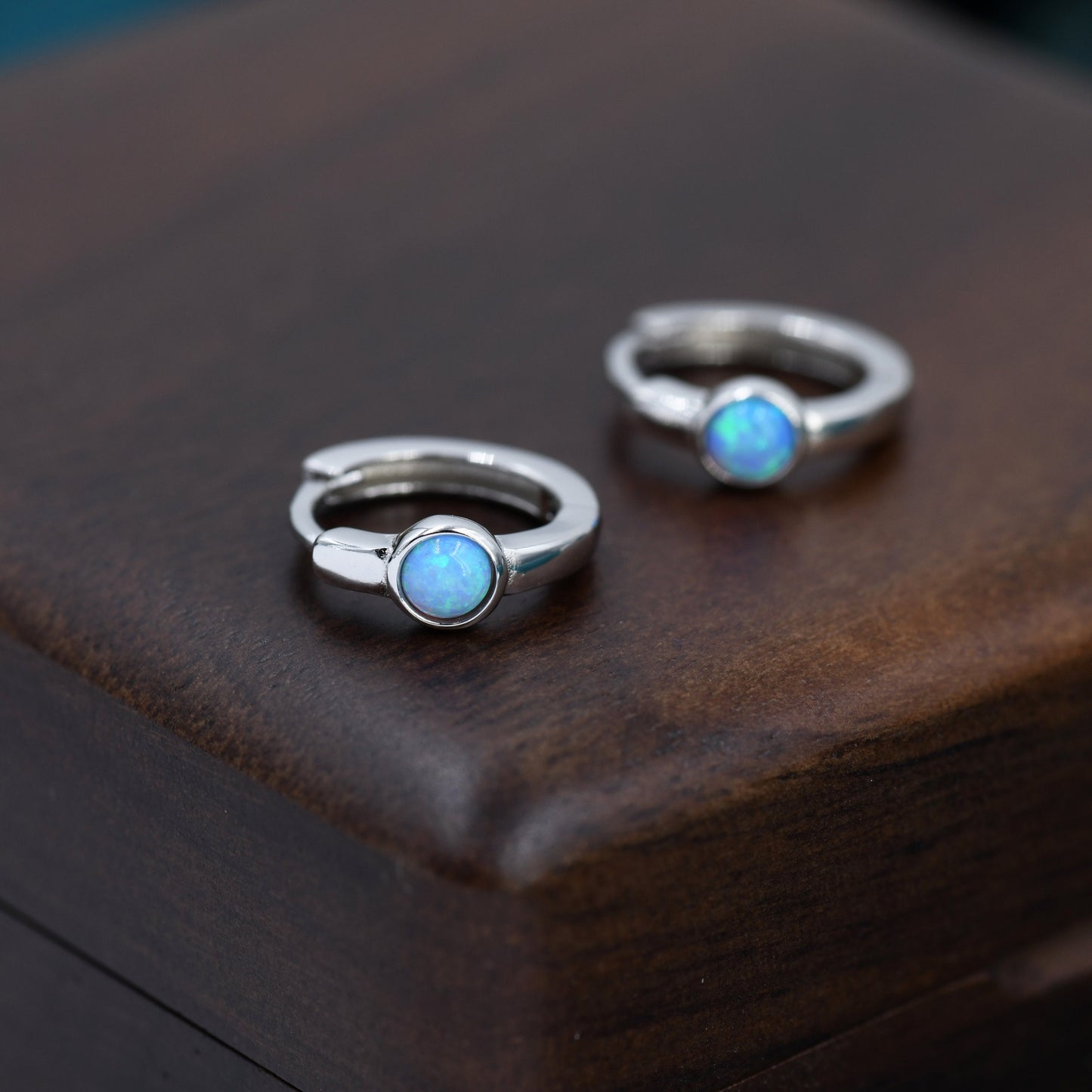 Blue Opal Dagger Huggie Hoop Earrings in Sterling Silver, Tiny Opal Hoops, Opal Hoops