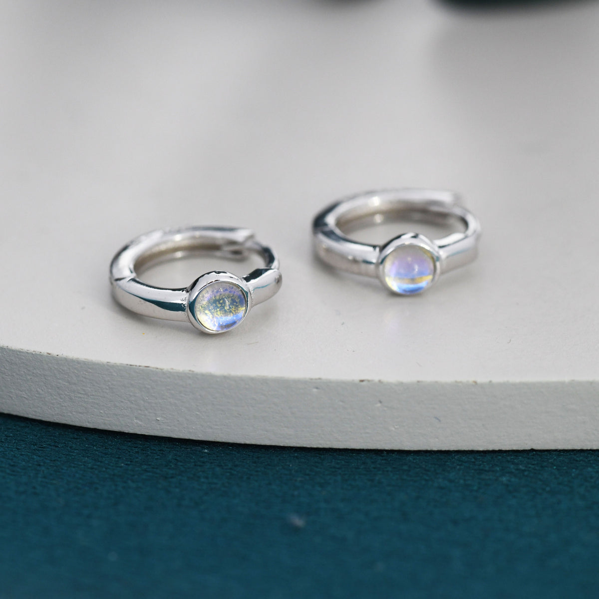 Moonstone Huggie Hoop Earrings in Sterling Silver, Tiny Moonstone Hoops, Moonstone Hoops, Simulated Moonstone Hoops