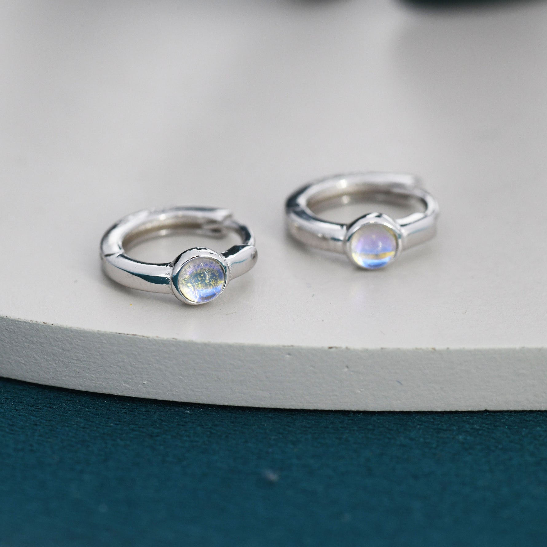 Moonstone Huggie Hoop Earrings in Sterling Silver, Tiny Moonstone Hoops, Moonstone Hoops, Simulated Moonstone Hoops