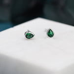 Extra Tiny Emerald Green Droplet CZ Stud Earrings in Sterling Silver, Silver or Gold, Tiny Pear Cut Bezel CZ Stud Earrings, May Birthstone