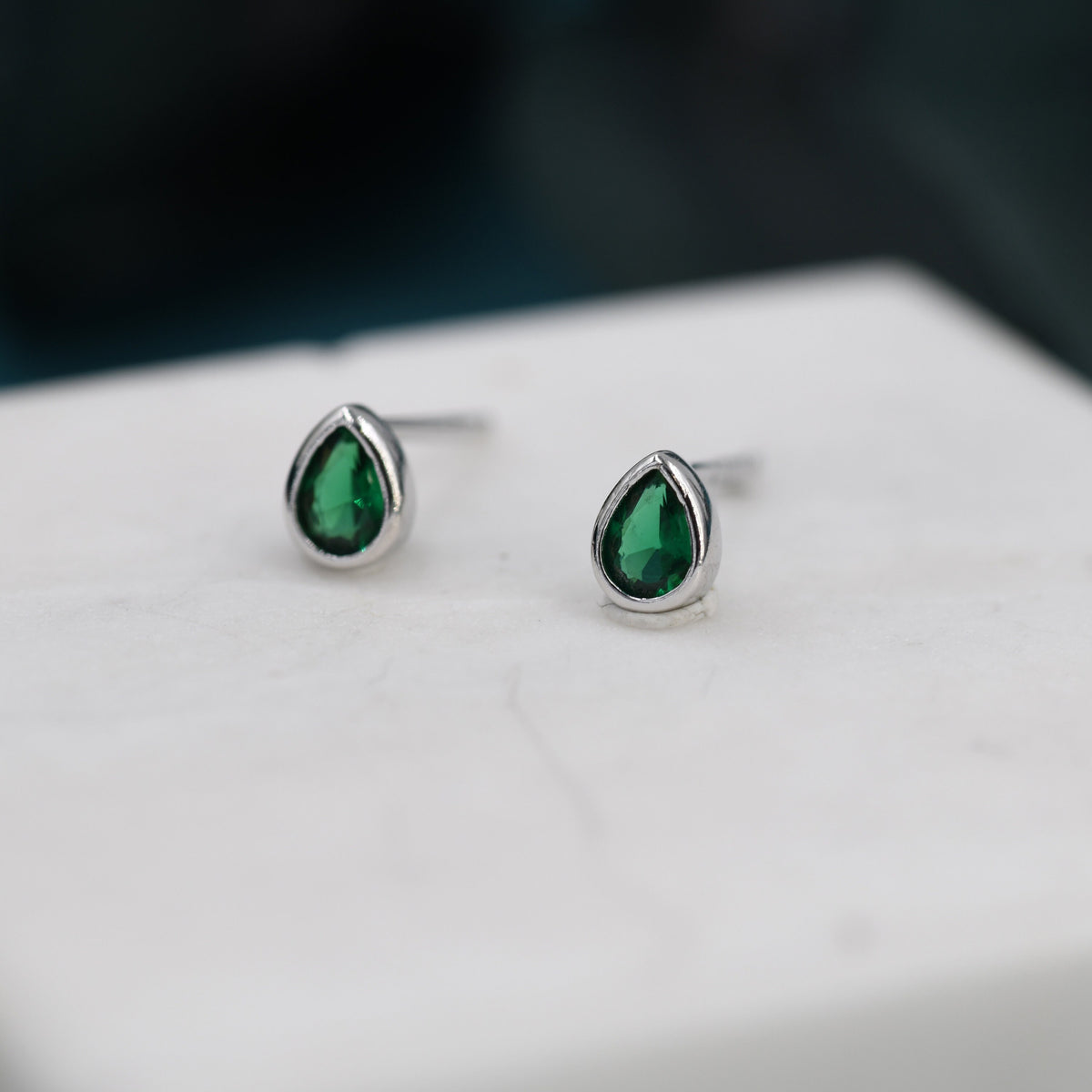 Extra Tiny Emerald Green Droplet CZ Stud Earrings in Sterling Silver, Silver or Gold, Tiny Pear Cut Bezel CZ Stud Earrings, May Birthstone