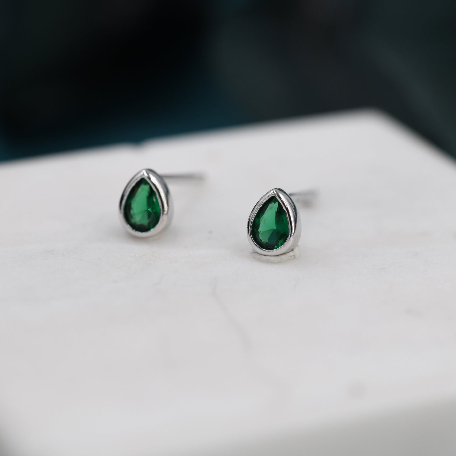 Extra Tiny Emerald Green Droplet CZ Stud Earrings in Sterling Silver, Silver or Gold, Tiny Pear Cut Bezel CZ Stud Earrings, May Birthstone