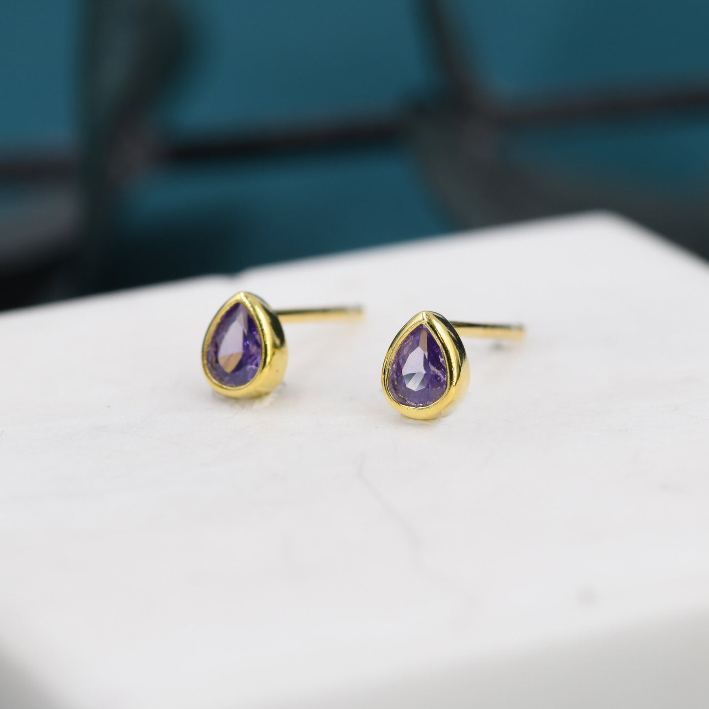 Extra Tiny Amethyst Purple Droplet CZ Stud Earrings in Sterling Silver, Tiny Pear Cut Bezel CZ Stud Earrings, February Birthstone