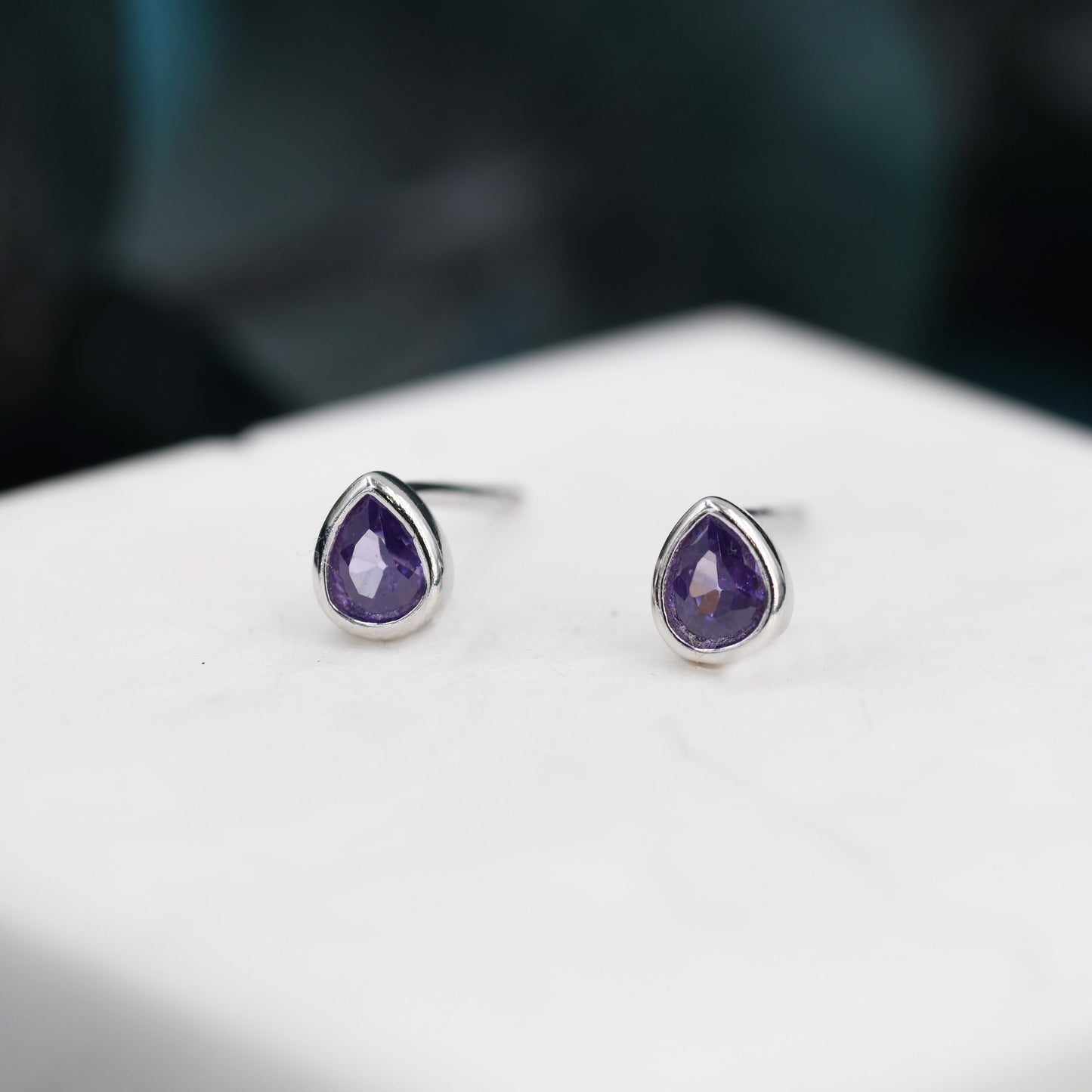 Extra Tiny Amethyst Purple Droplet CZ Stud Earrings in Sterling Silver, Tiny Pear Cut Bezel CZ Stud Earrings, February Birthstone