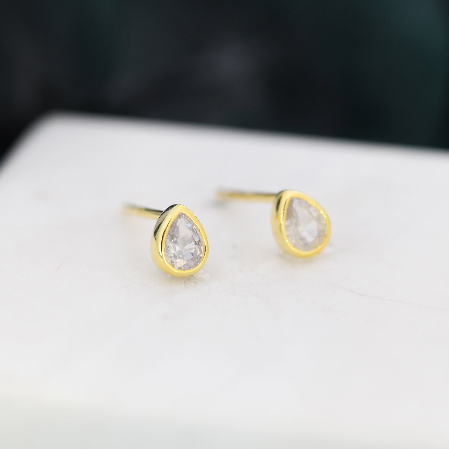 Extra Tiny Droplet CZ Stud Earrings in Sterling Silver, Tiny Pear Cut Bezel CZ Stud Earrings