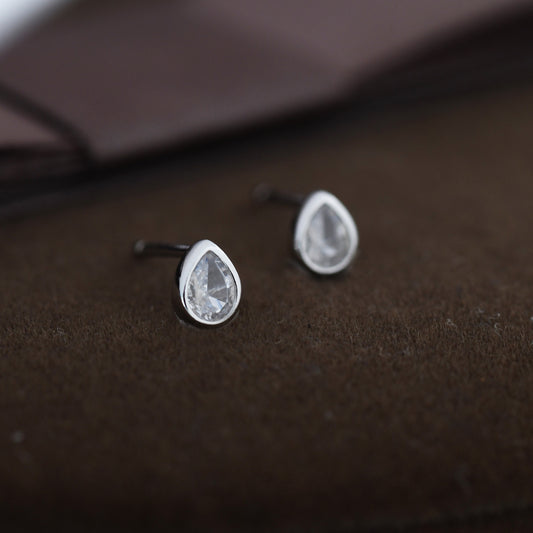 Extra Tiny Droplet CZ Stud Earrings in Sterling Silver, Tiny Pear Cut Bezel CZ Stud Earrings