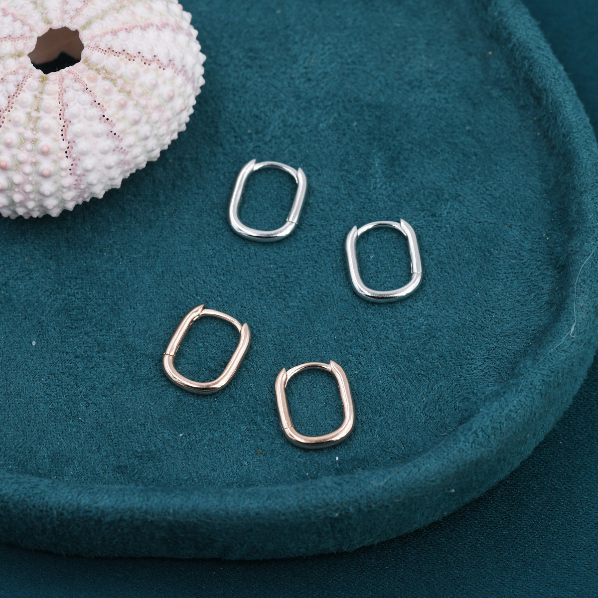 Pair of Mini Rectangular Hoop Earrings in Sterling Silver, Oval Hoop Earrings, Silver or Rose Gold, Square Hoop Earrings