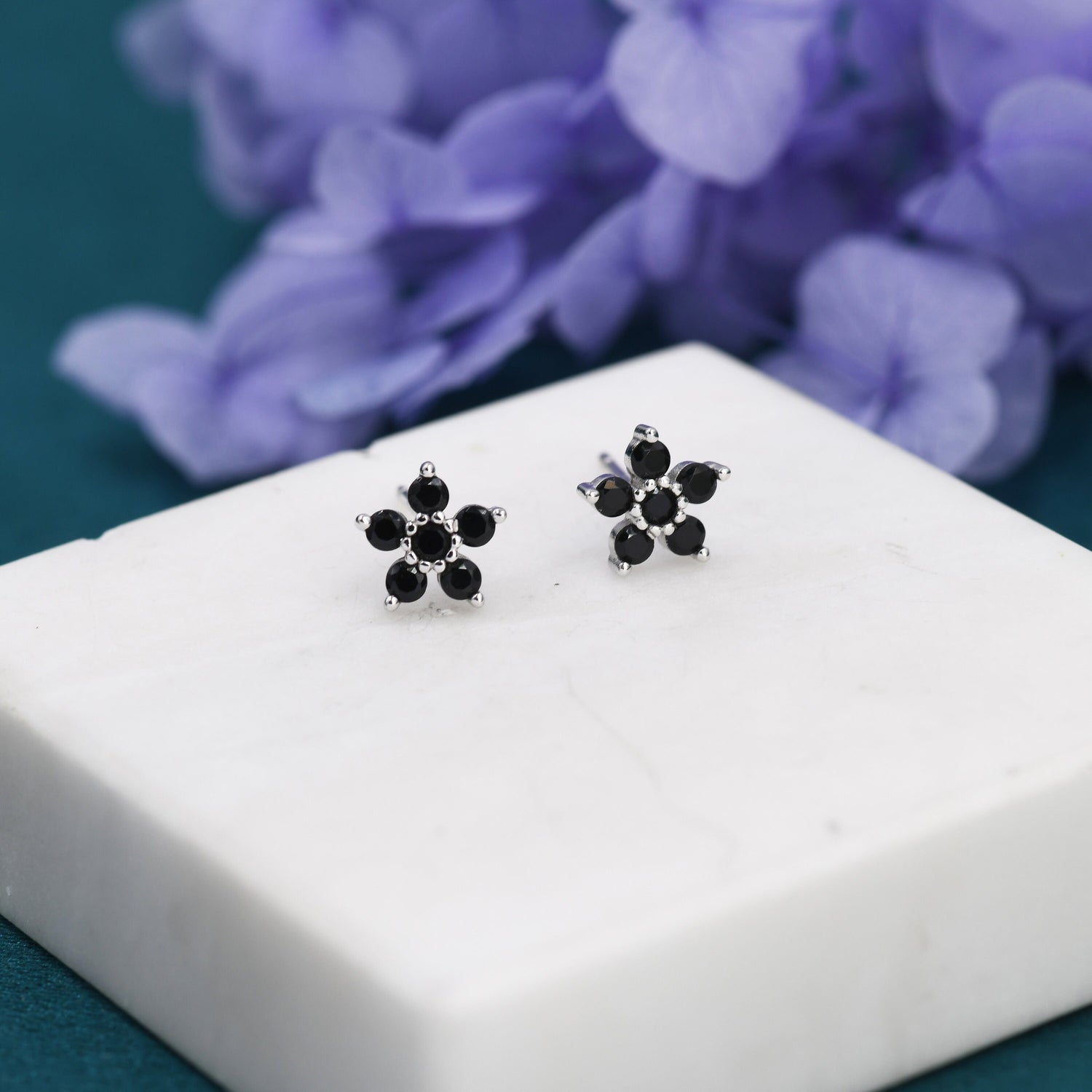Pair of Black CZ Flower Stud Earrings in Sterling Silver, Silver or Gold, Crystal Flower Earrings, Stacking Earrings