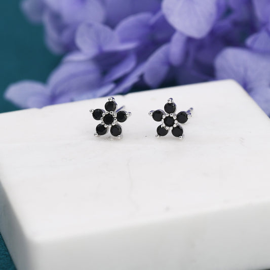 Pair of Black CZ Flower Stud Earrings in Sterling Silver, Silver or Gold, Crystal Flower Earrings, Stacking Earrings