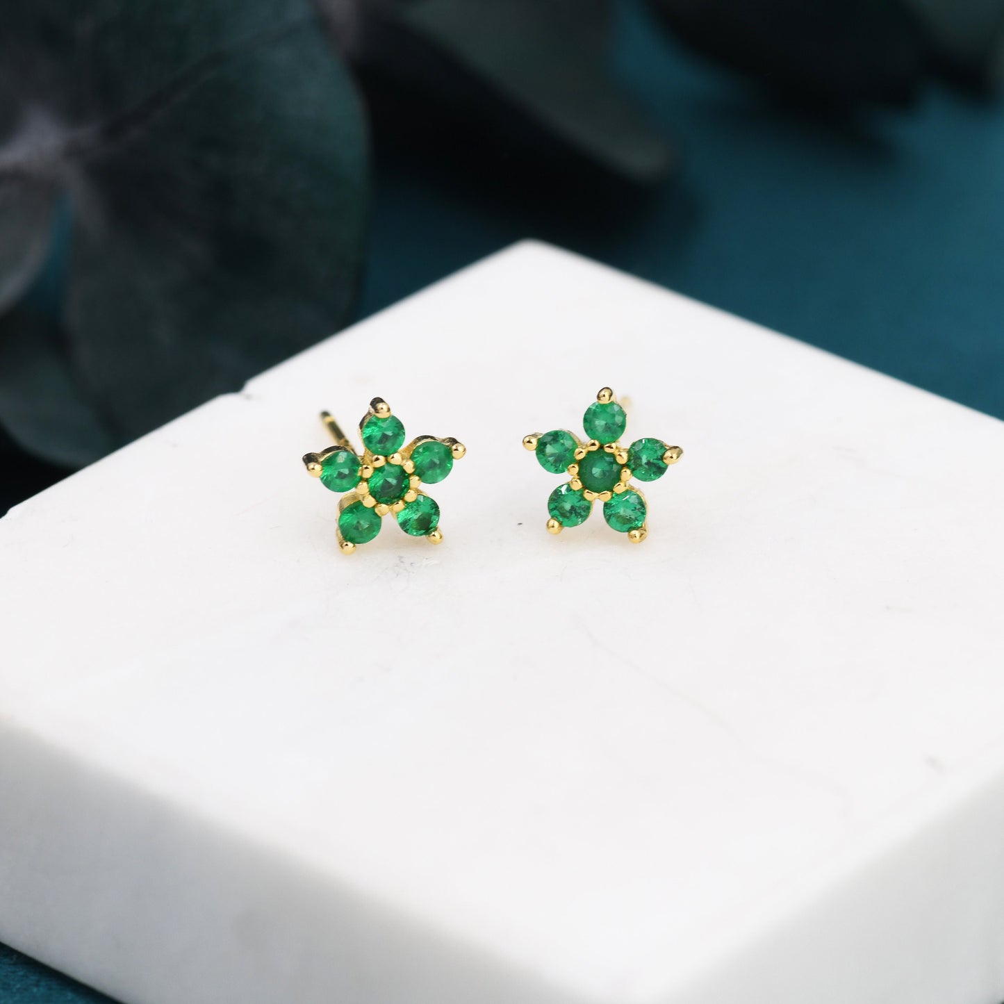 Pair of Emerald Green CZ Flower Stud Earrings in Sterling Silver, Silver or Gold, Crystal Flower Earrings, Stacking Earrings