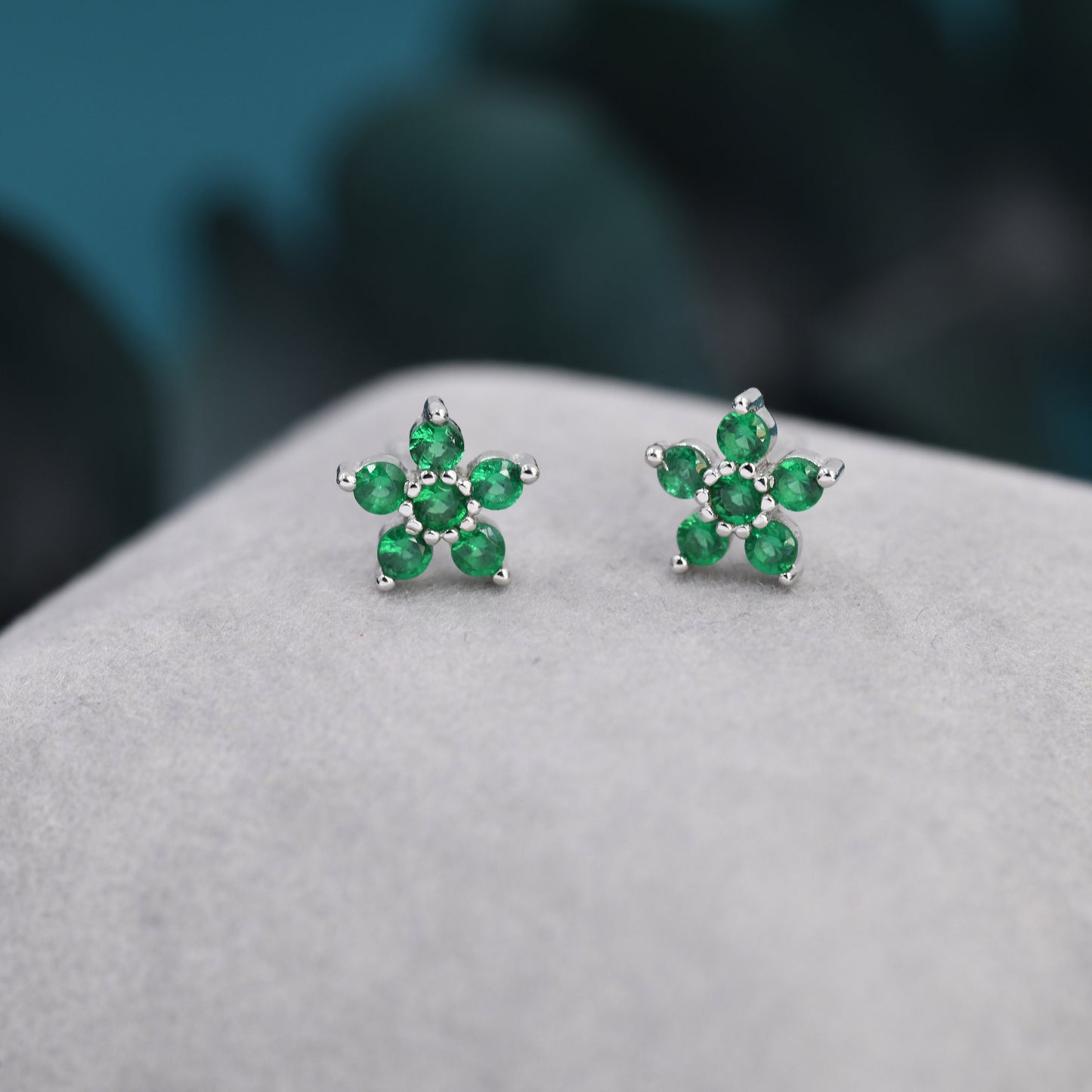 Pair of Emerald Green CZ Flower Stud Earrings in Sterling Silver, Silver or Gold, Crystal Flower Earrings, Stacking Earrings