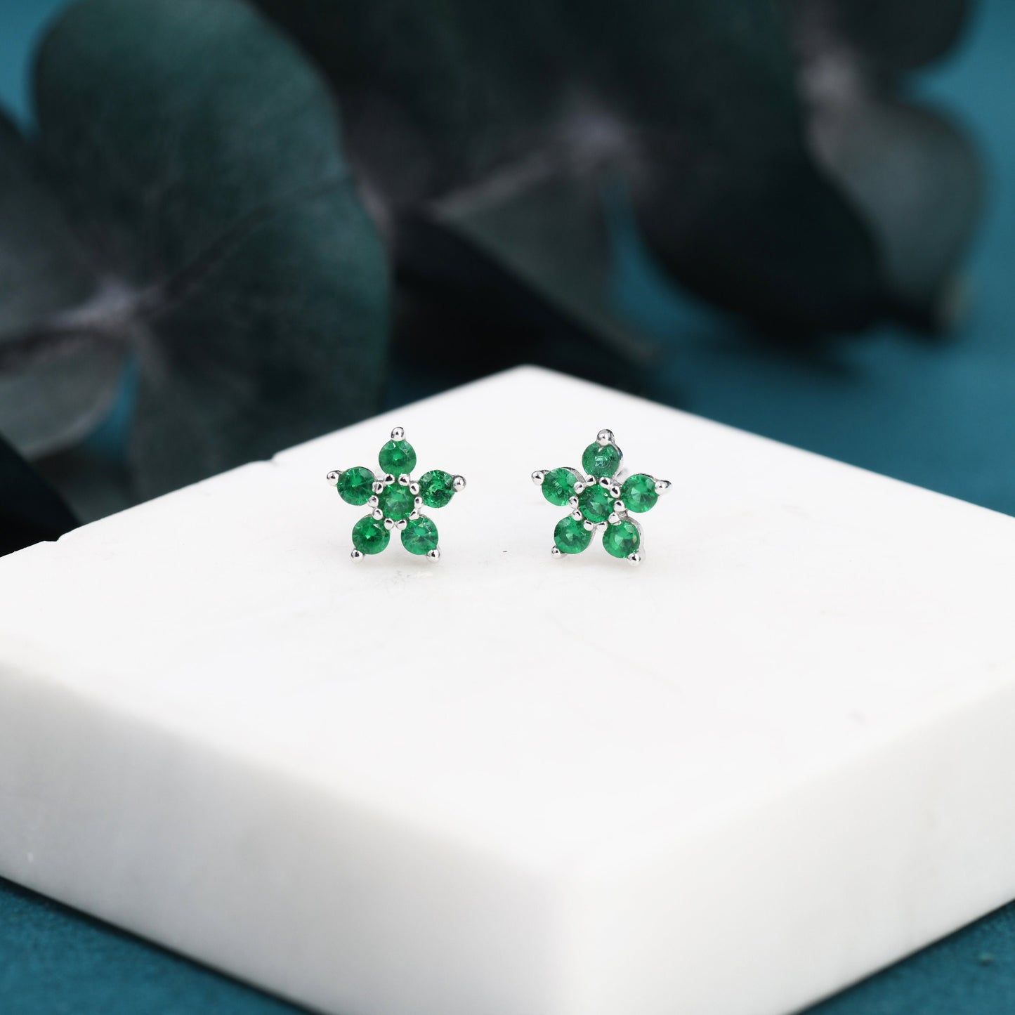 Pair of Emerald Green CZ Flower Stud Earrings in Sterling Silver, Silver or Gold, Crystal Flower Earrings, Stacking Earrings