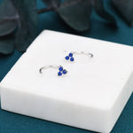 Sapphire Blue CZ Flower Huggie Hoop Earrings in Sterling Silver, Tiny Blue CZ Trio Open Hoops, Pull Through Threaders, Half Hoops, C Shape